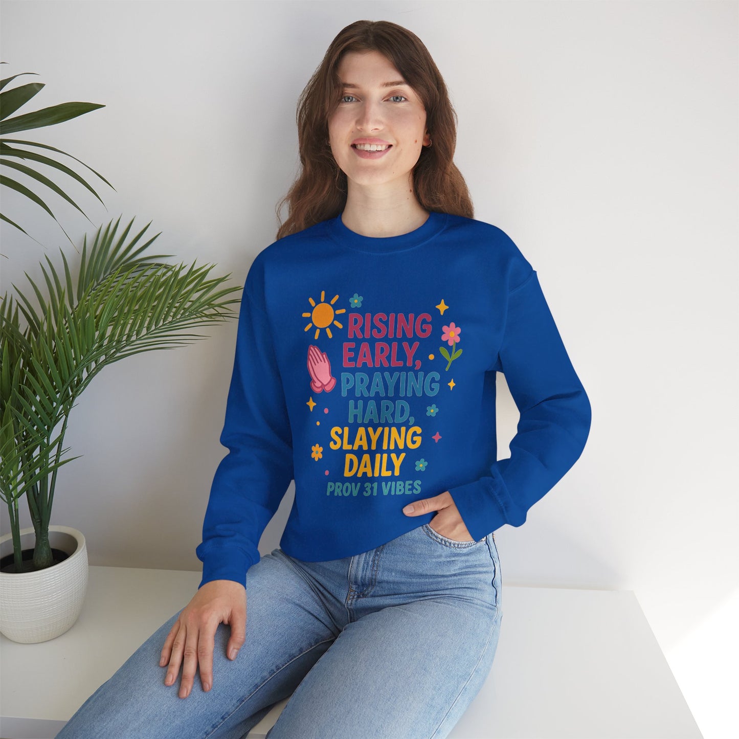 Risen & Slayin' Sweatshirt - Cozy Spiritual Gift for Her, Motivational Crewneck, Daily Inspiration Apparel, Church Outfit, Cute Casual Wear