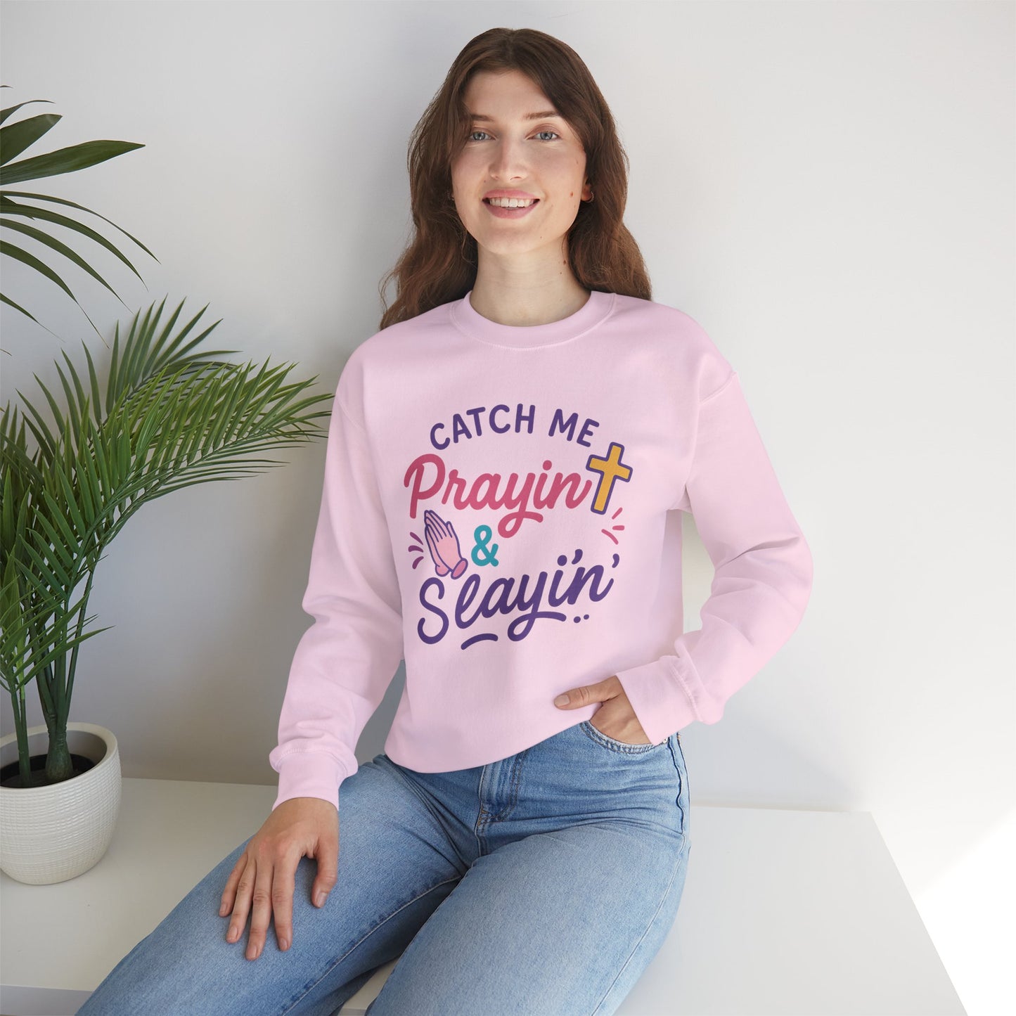 Catch Me Pray'in & Slay'in Unisex Crewneck Sweatshirt, Faith-Inspired Apparel, God Quote Gift, Cute Christian Sweater, Cozy Church Outfit