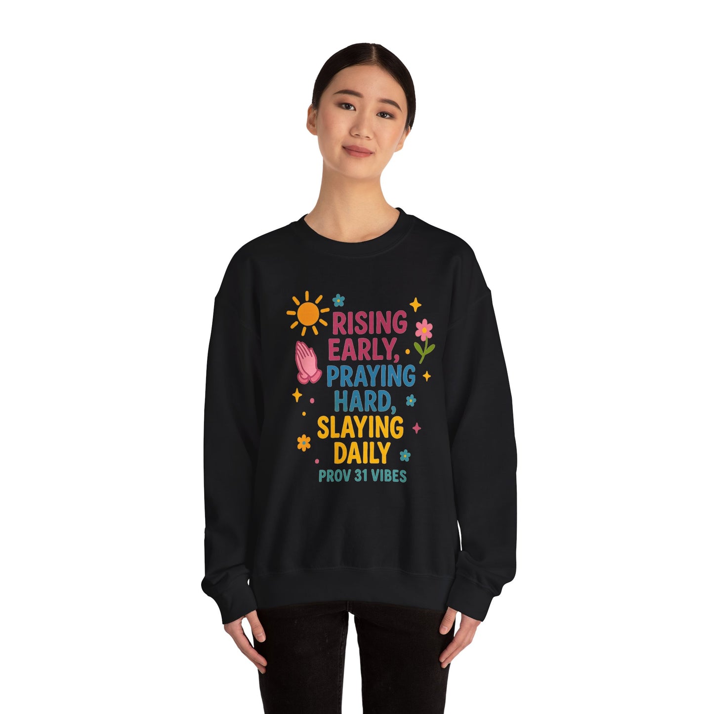Risen & Slayin' Sweatshirt - Cozy Spiritual Gift for Her, Motivational Crewneck, Daily Inspiration Apparel, Church Outfit, Cute Casual Wear