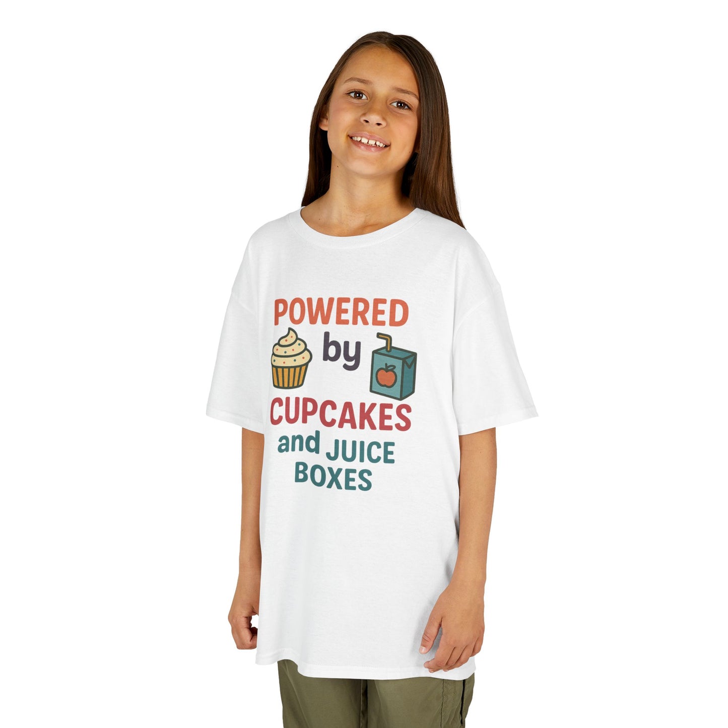 Powered by Cupcakes Kids Tee, Funny Kids T-Shirt, Cute Gift for Birthdays, Playdate Outfit, Cupcake Lover Apparel
