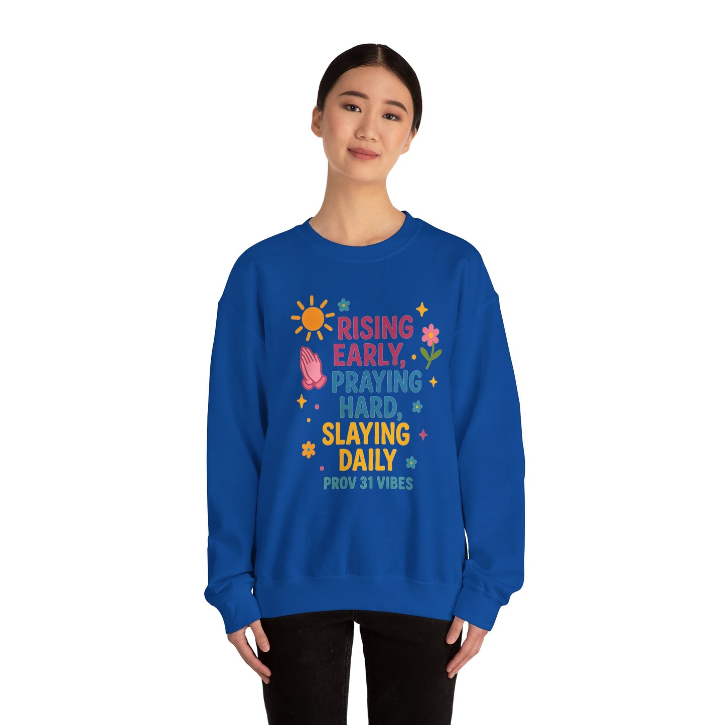 Risen & Slayin' Sweatshirt - Cozy Spiritual Gift for Her, Motivational Crewneck, Daily Inspiration Apparel, Church Outfit, Cute Casual Wear