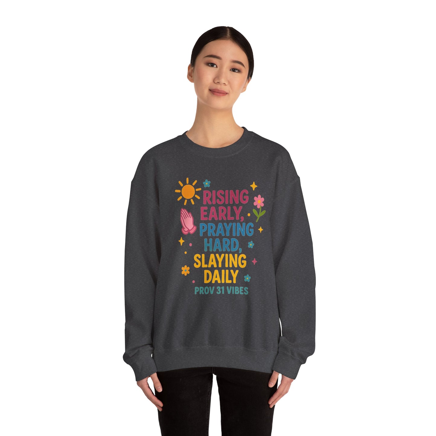 Risen & Slayin' Sweatshirt - Cozy Spiritual Gift for Her, Motivational Crewneck, Daily Inspiration Apparel, Church Outfit, Cute Casual Wear
