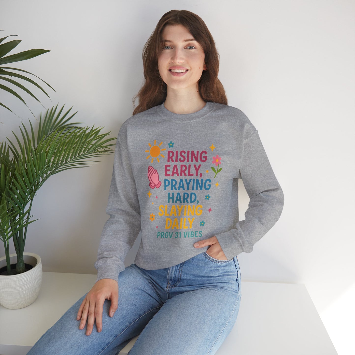 Risen & Slayin' Sweatshirt - Cozy Spiritual Gift for Her, Motivational Crewneck, Daily Inspiration Apparel, Church Outfit, Cute Casual Wear