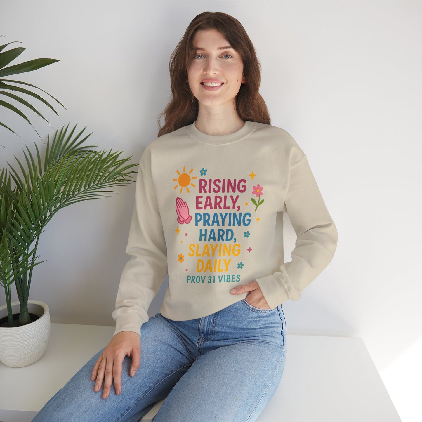 Risen & Slayin' Sweatshirt - Cozy Spiritual Gift for Her, Motivational Crewneck, Daily Inspiration Apparel, Church Outfit, Cute Casual Wear