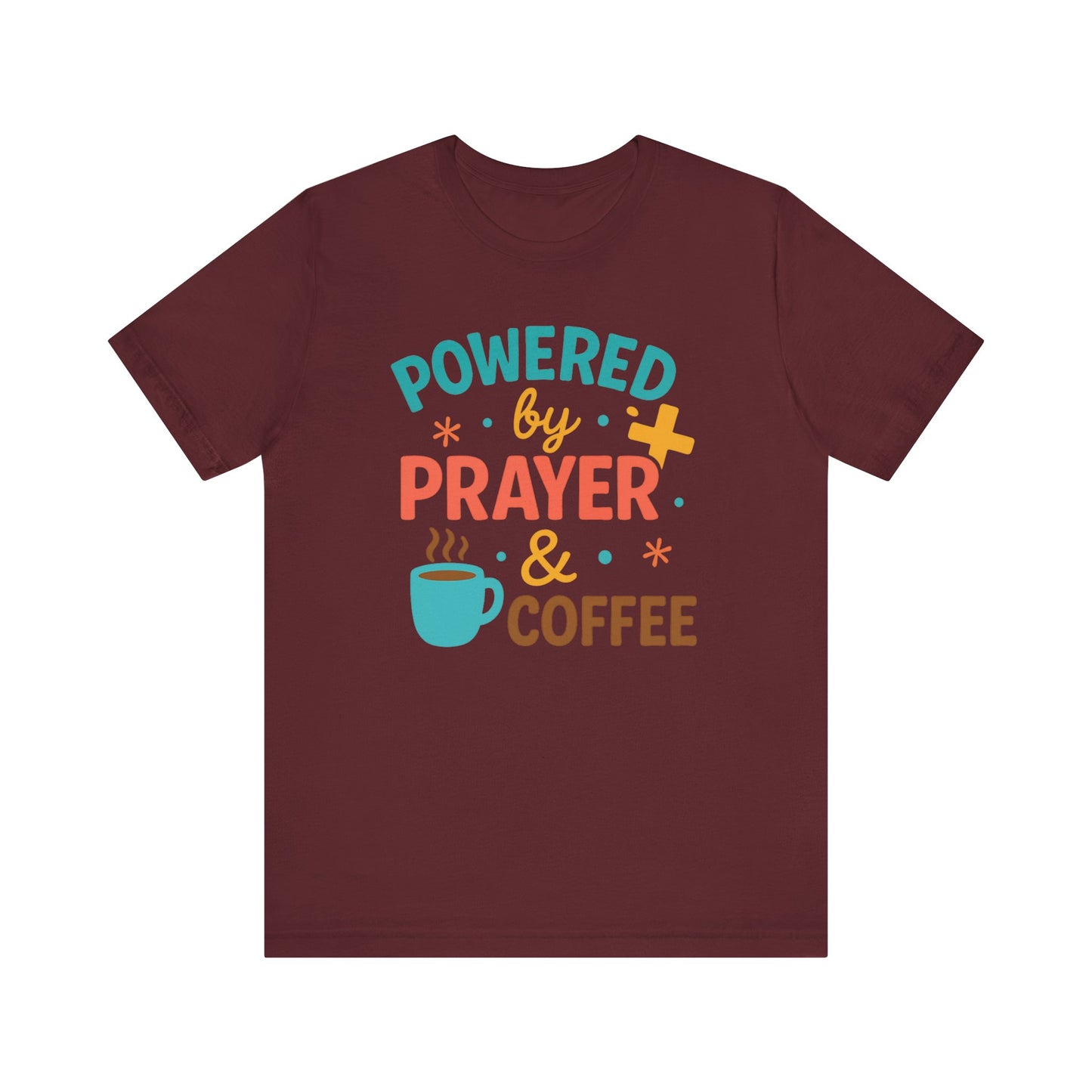 Powered by Prayer & Coffee Unisex Tee, Inspirational T-Shirt, Gift for Coffee Lovers, Christian Apparel, Relaxed Fit Top