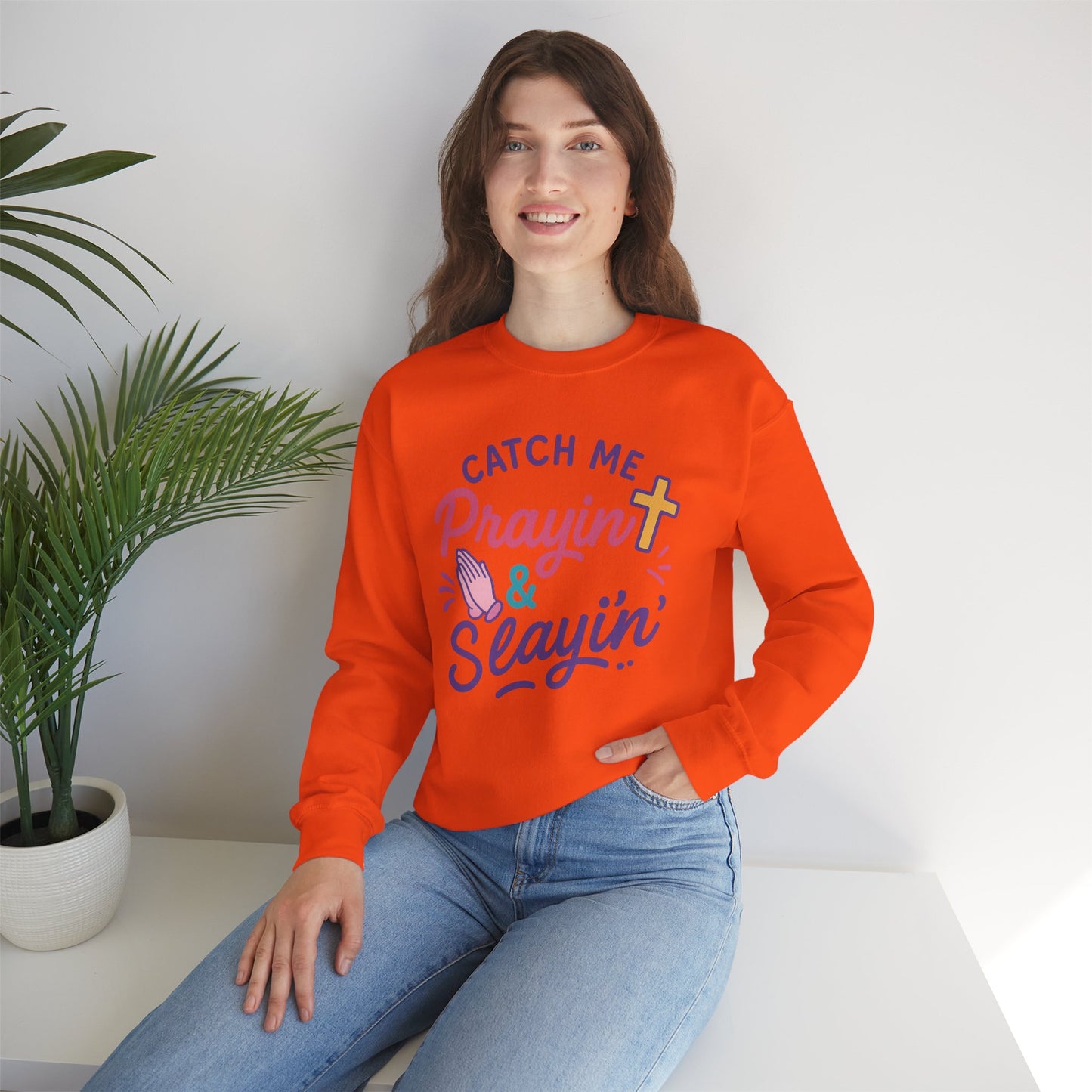 Catch Me Pray'in & Slay'in Unisex Crewneck Sweatshirt, Faith-Inspired Apparel, God Quote Gift, Cute Christian Sweater, Cozy Church Outfit