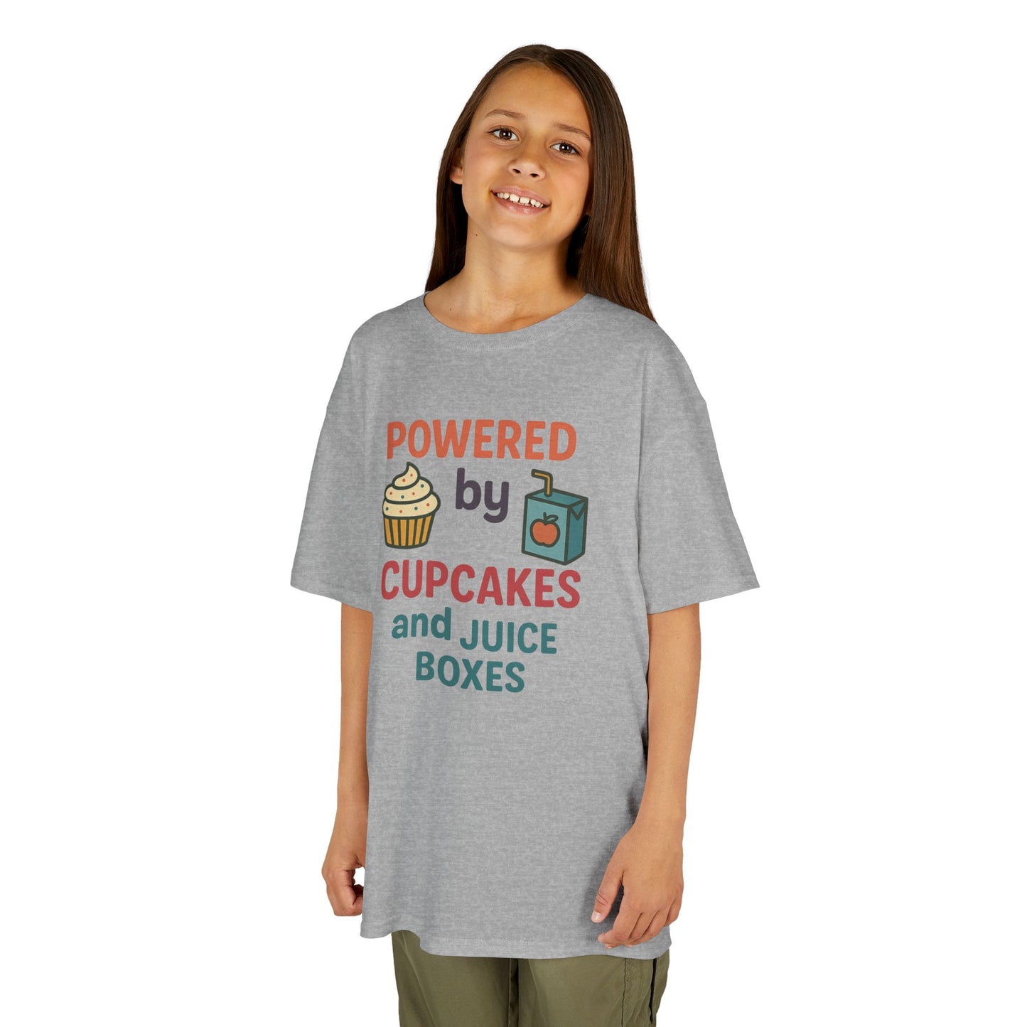 Powered by Cupcakes Kids Tee, Funny Kids T-Shirt, Cute Gift for Birthdays, Playdate Outfit, Cupcake Lover Apparel