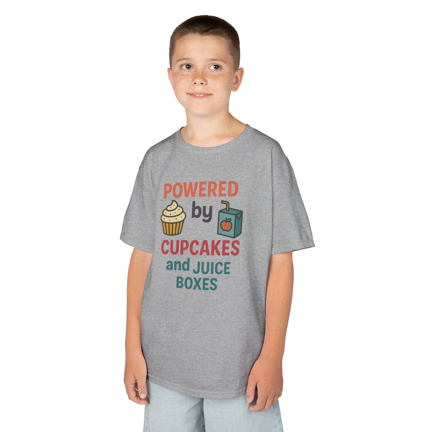 Powered by Cupcakes Kids Tee, Funny Kids T-Shirt, Cute Gift for Birthdays, Playdate Outfit, Cupcake Lover Apparel