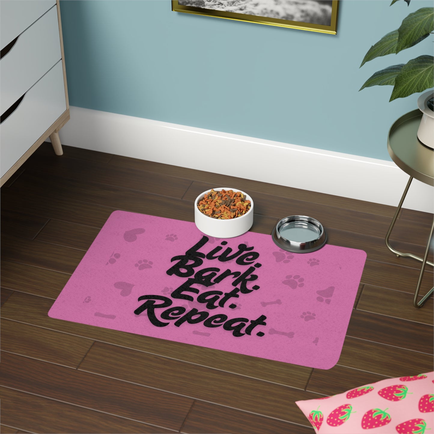 Funny Pet Food Mat - Live Bark Eat Repeat - 12x18 - Pink
