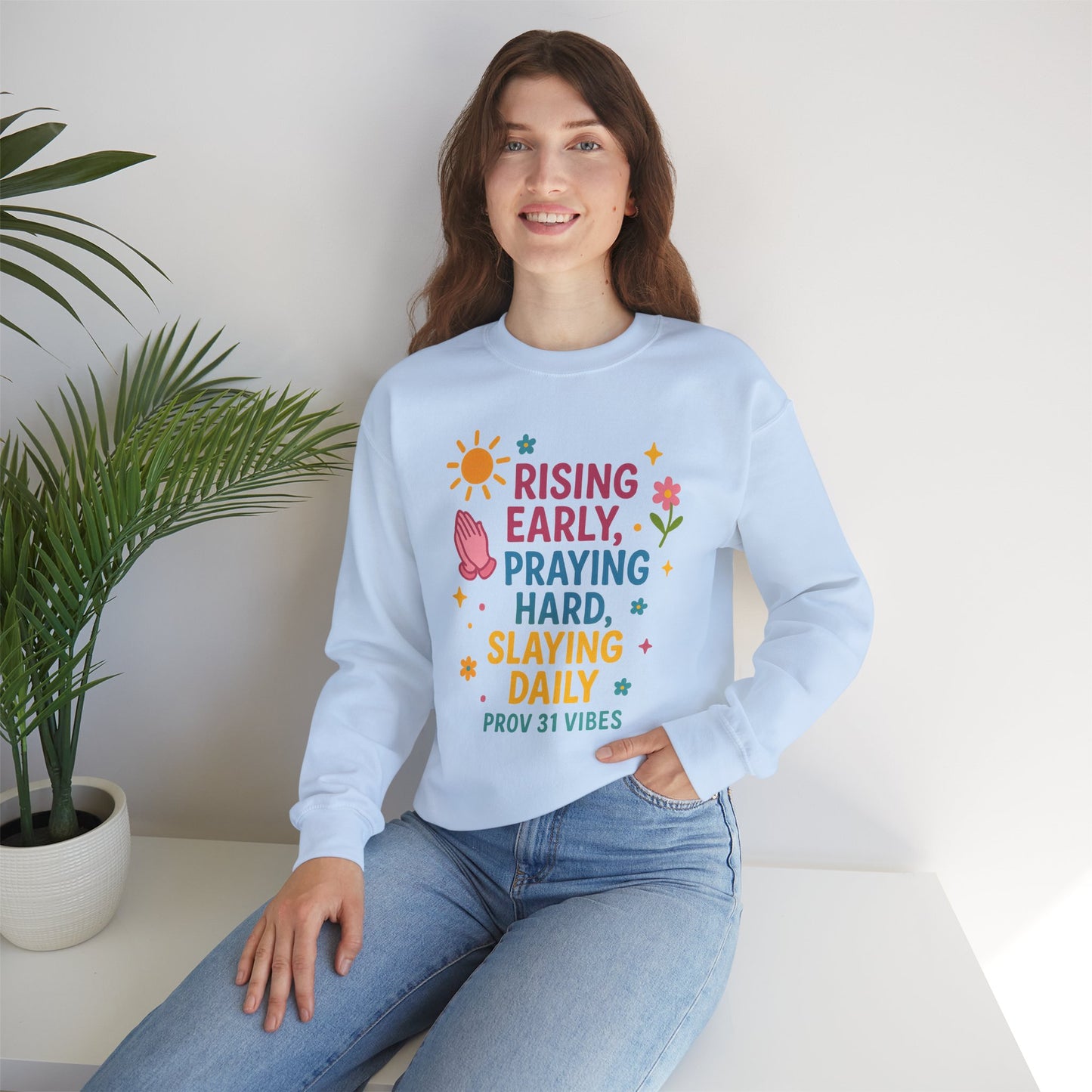 Risen & Slayin' Sweatshirt - Cozy Spiritual Gift for Her, Motivational Crewneck, Daily Inspiration Apparel, Church Outfit, Cute Casual Wear