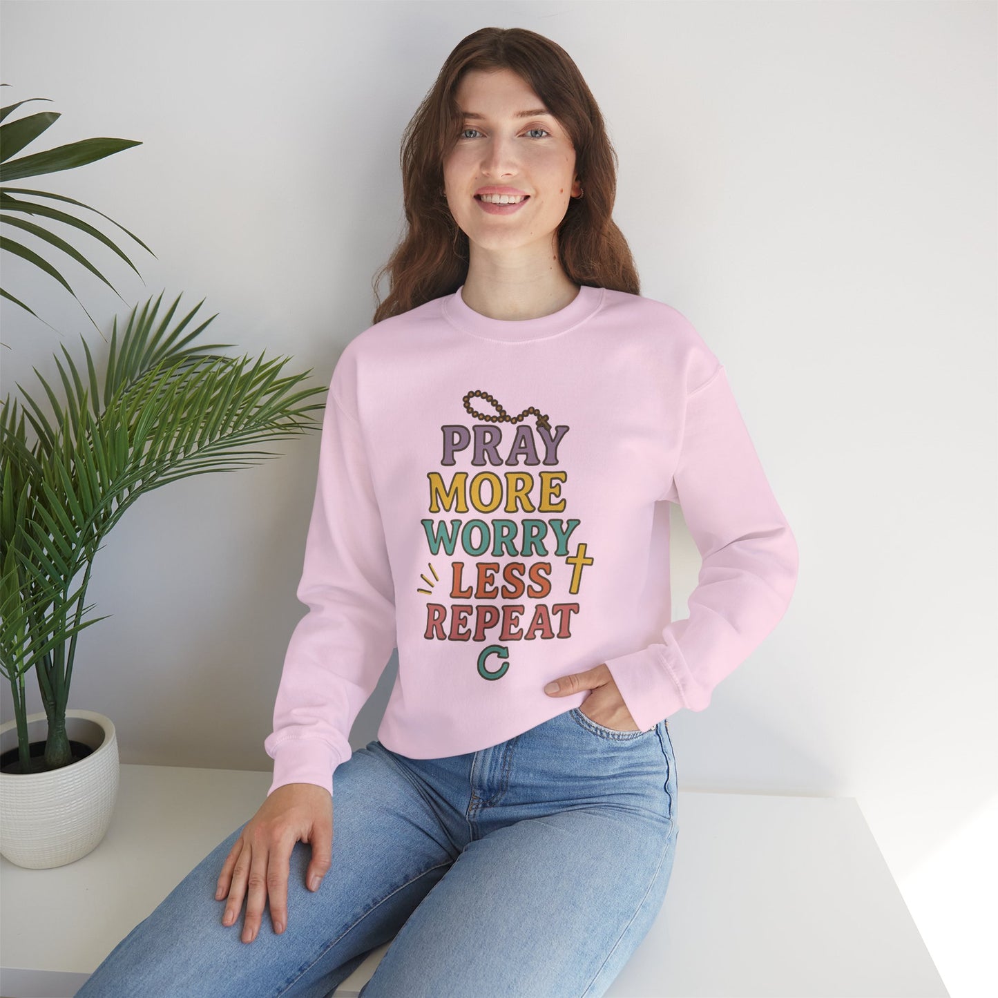 Faith-Inspired Crewneck Sweatshirt - Pray More Worry Less, Cozy Gift for Family, Religious Apparel, Inspirational Sweatshirt, Perfect [...]