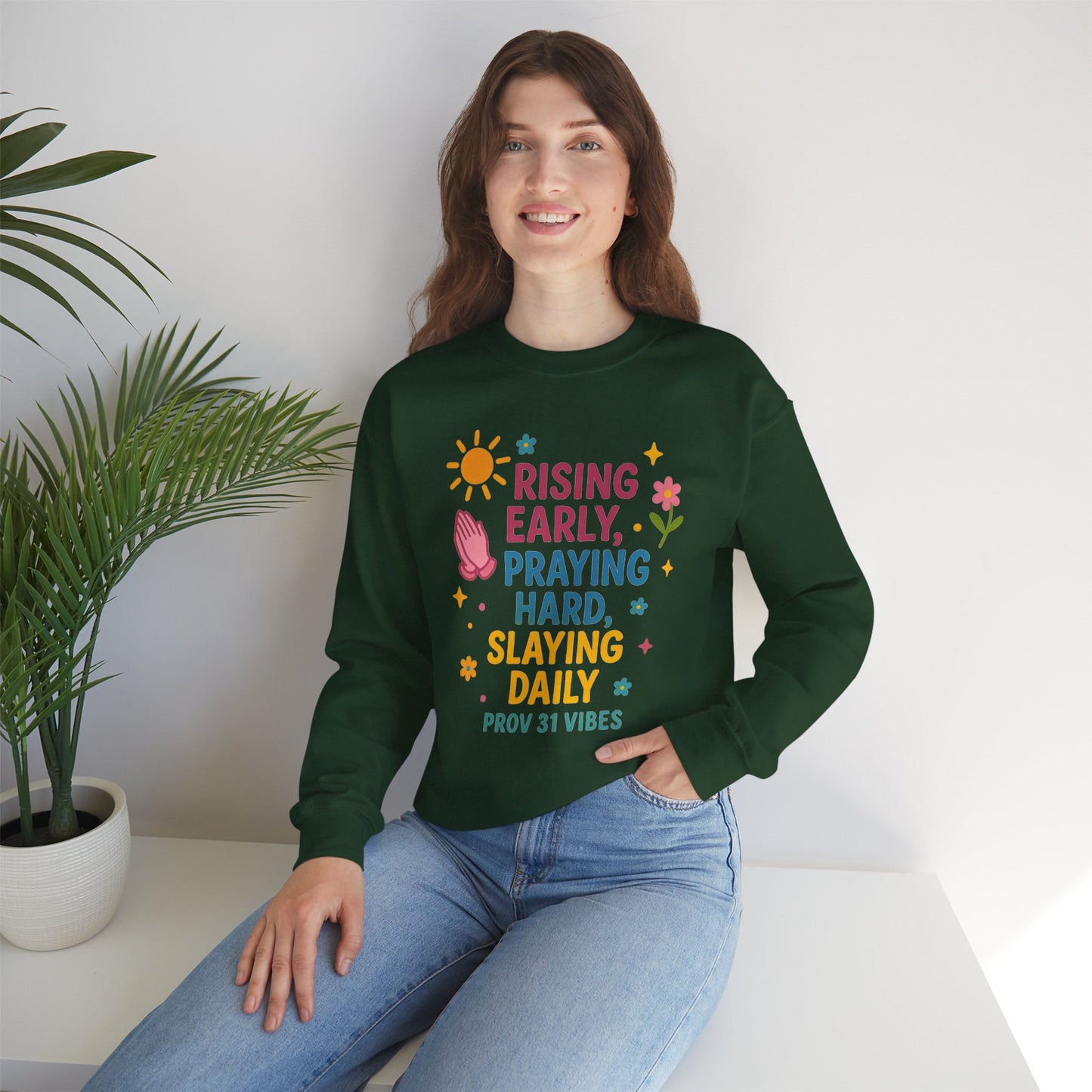 Risen & Slayin' Sweatshirt - Cozy Spiritual Gift for Her, Motivational Crewneck, Daily Inspiration Apparel, Church Outfit, Cute Casual Wear