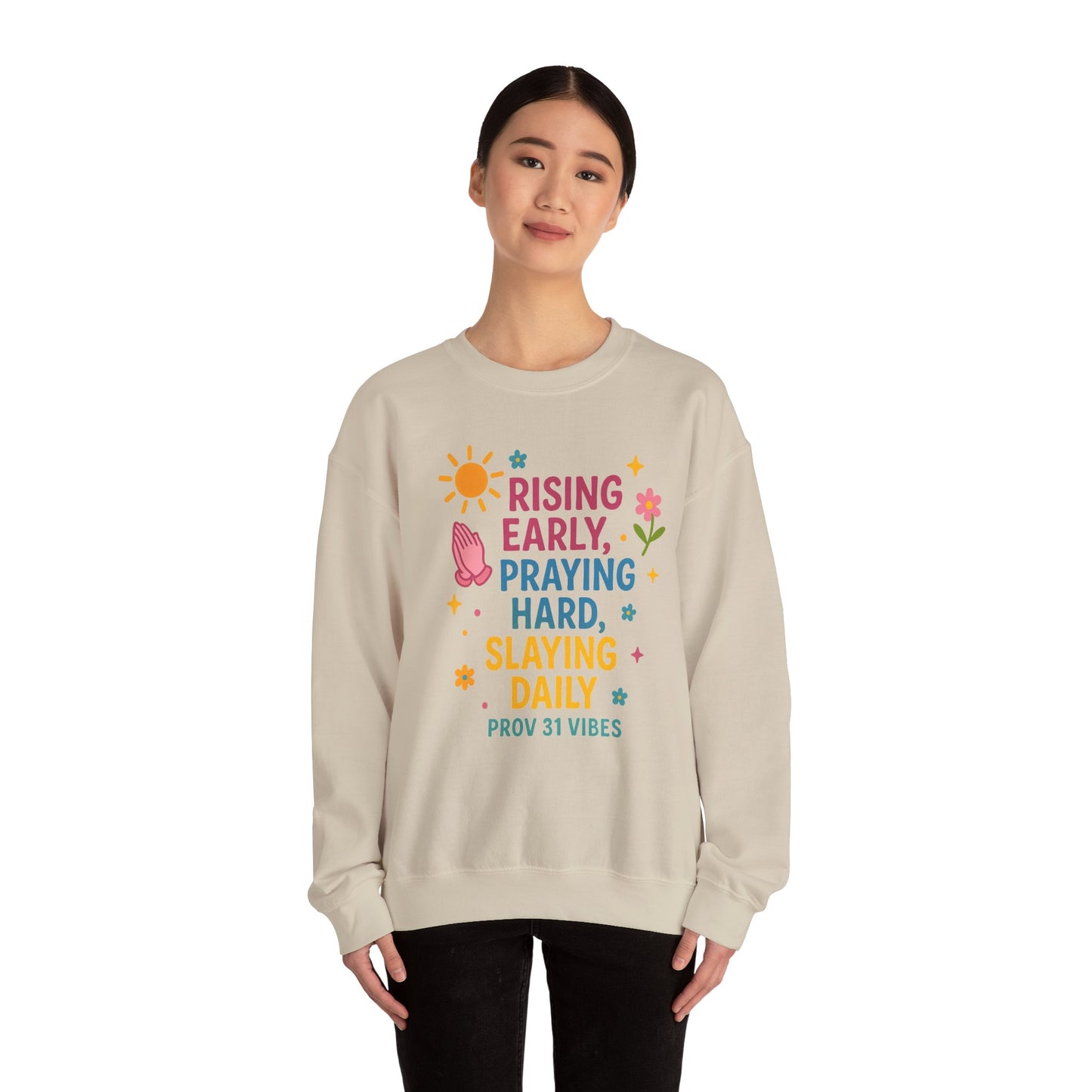 Risen & Slayin' Sweatshirt - Cozy Spiritual Gift for Her, Motivational Crewneck, Daily Inspiration Apparel, Church Outfit, Cute Casual Wear