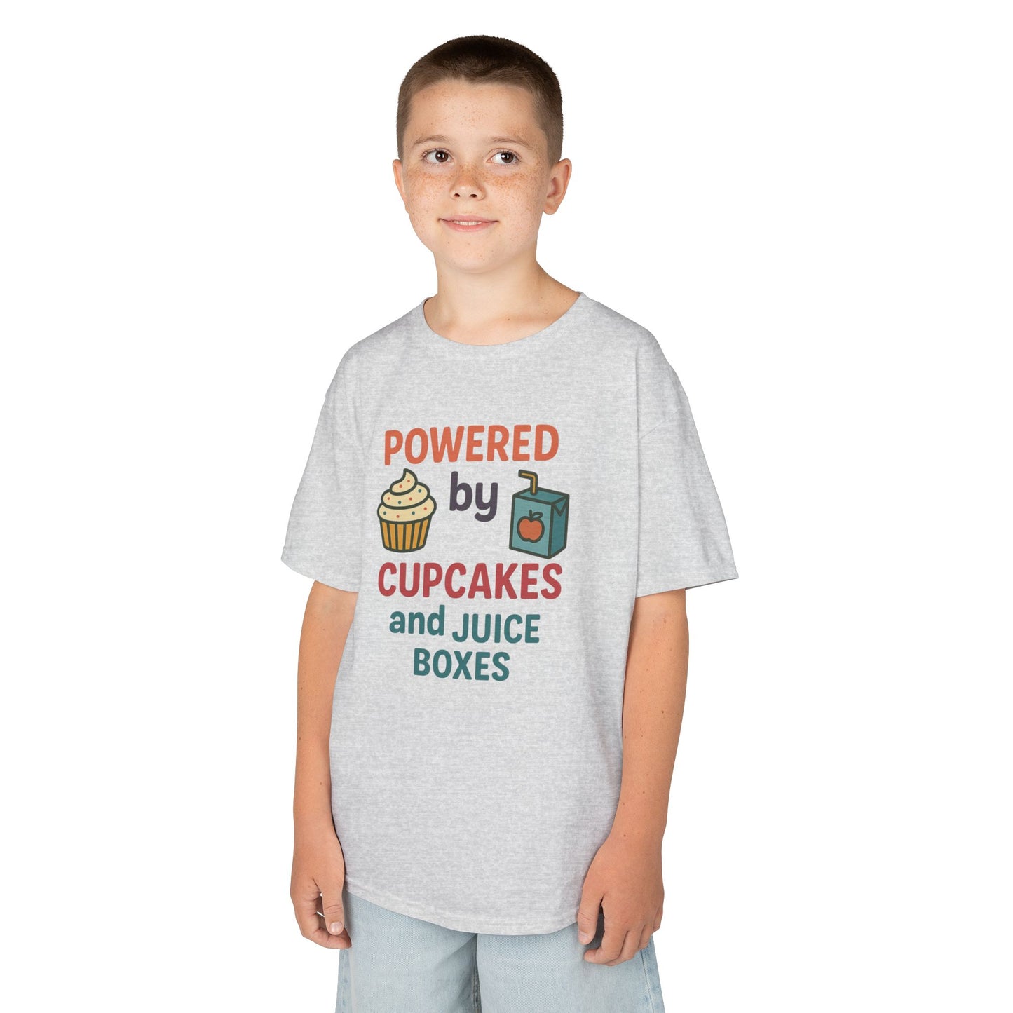 Powered by Cupcakes Kids Tee, Funny Kids T-Shirt, Cute Gift for Birthdays, Playdate Outfit, Cupcake Lover Apparel